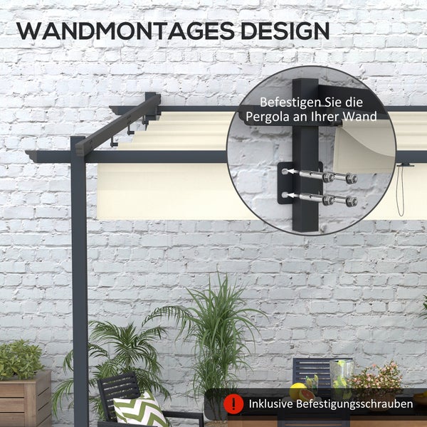 Outsunny Terrassendach Pergola ca. 3x3m Terrassendachung, Garten Pavillon aus Aluminium, Wandmontage, Gartenpavillon mit Verstellbares Dach, Sonnenschutz für Terrasse und Garten, Cremeweiß