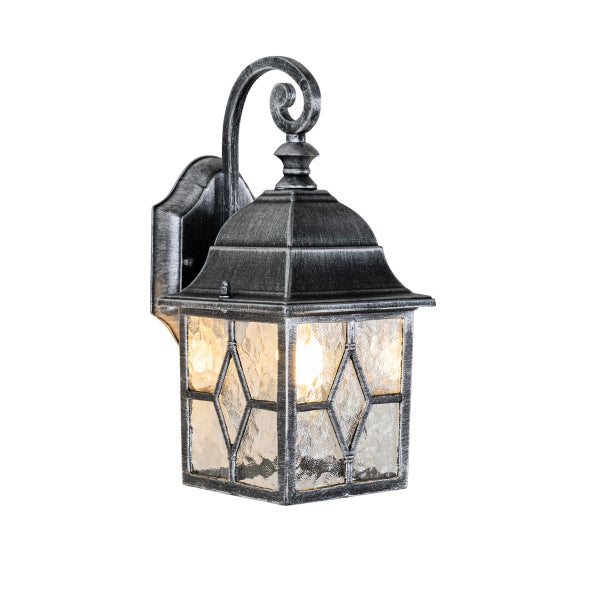 Klassische Außenwandleuchte aus Metall mit strukturierten Glasscheiben und Rautenmuster, antikes Design, geschwungener Arm.