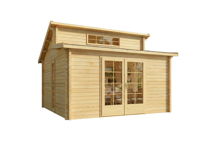 Gartenhaus aus naturbelassenem Holz mit verglaster Doppeltür und einem zusätzlichen Oberlichtfenster unter dem Stufendach.