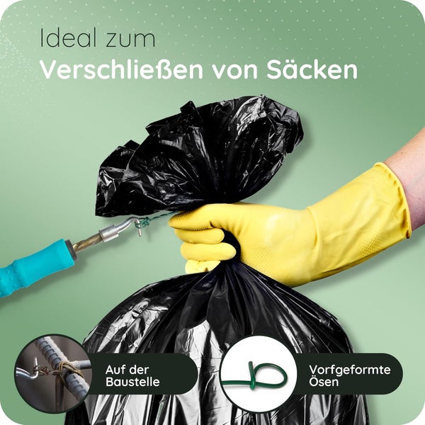 Drillapparat zum Verschließen von Säcken mit Drahtsackverschlüssen. Detailansichten zeigen vorgeformte Ösen und die Anwendung auf der Baustelle.