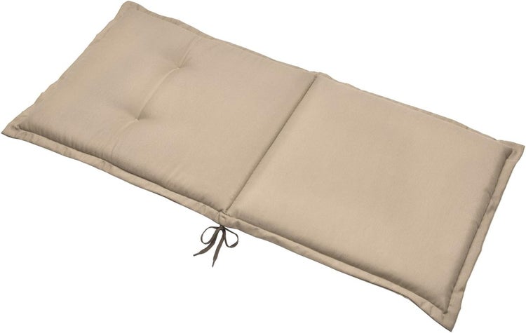 Beige Auflage für Gartenliegen aus Stoff, segmentiert mit Befestigungsbändern.