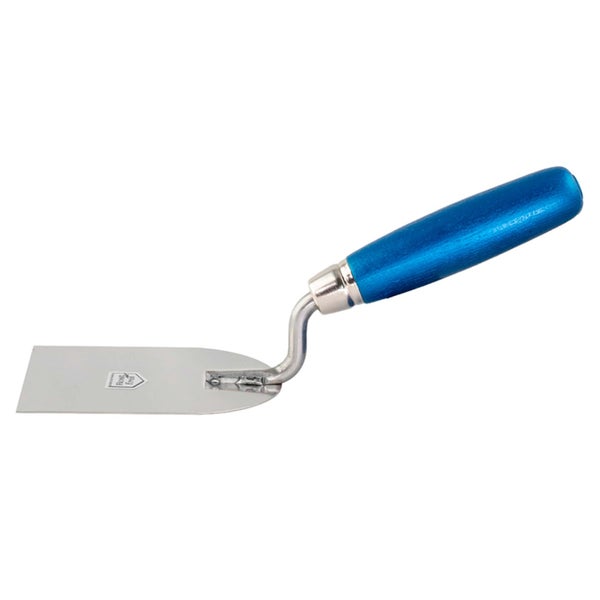 Fugenkelle aus rostfreiem Edelstahl mit blauem Holzgriff.