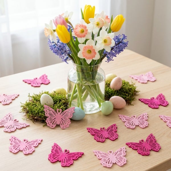 Osterdekoration mit einem Blumenstrauß aus Narzissen und Tulpen in einer Glasvase, umgeben von Moos, Ostereiern und hölzernen Schmetterlingsfiguren.