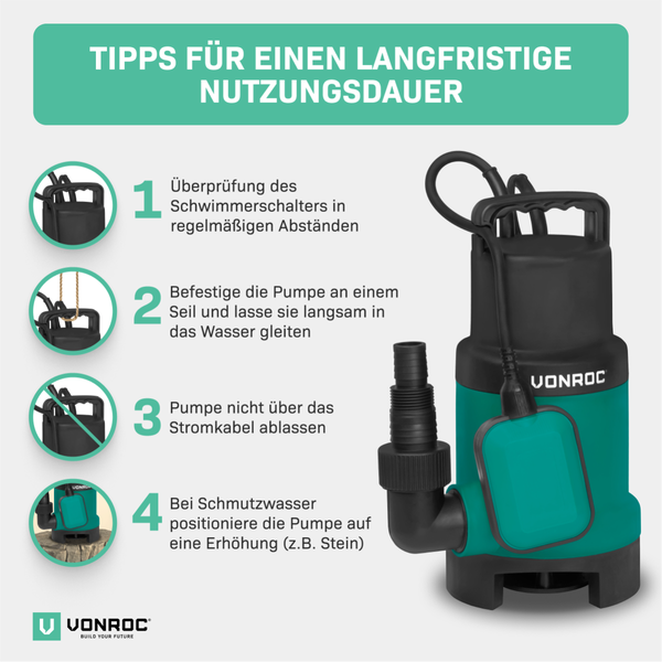VONROC Tauchpumpe Schmutzwasserpumpe - Wasserpumpe für Schmutzwasser Keller - Gartenpumpe für sauberes oder leicht verschmutztes Wasser mit Schwimmer (750W - 1400l/h)