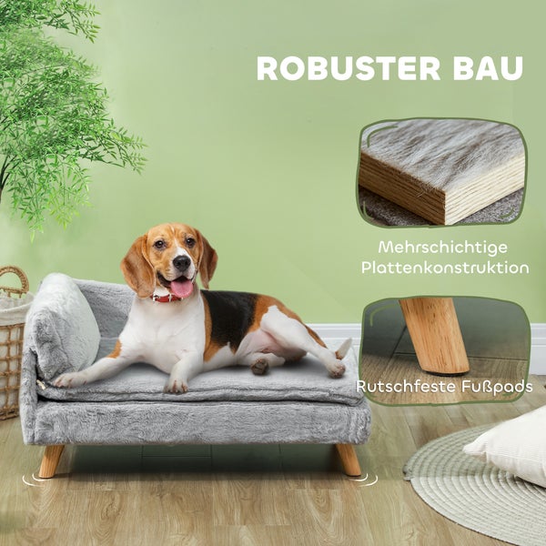 PawHut Hundesofa für mittelgroße Hunde, Hundebett mit abnehmbarem und waschbarem Kissen, Haustiersofa mit Holzbeine, mit Erhöhtem Design, 20 kg, Hellgrau