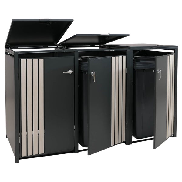 Mülltonnenbox für drei Mülltonnen mit geöffneten Türen und Deckeln