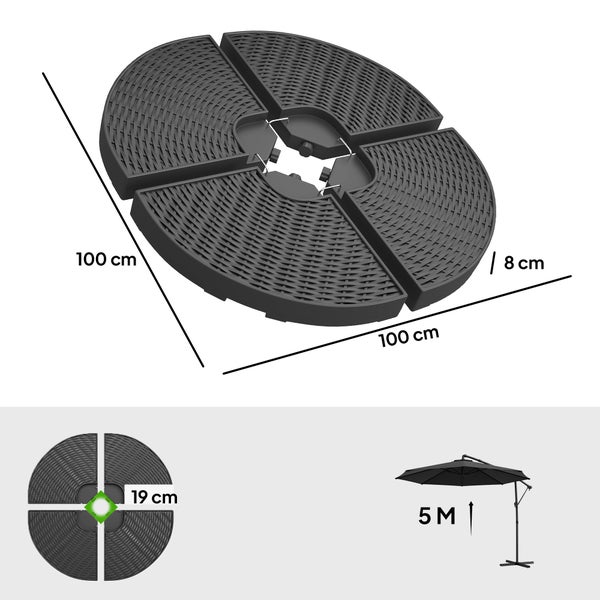Sonnenschirmständer 4-teilig in Rattan-Optik, Maße 100 mal 100 mal 8 Zentimeter, Innenöffnung 19 Zentimeter, für Schirme bis 5 Meter.