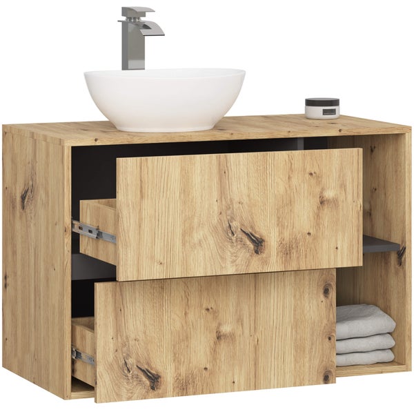 Waschtisch mit Holzdekor, Aufsatzwaschbecken und zwei Schubladen