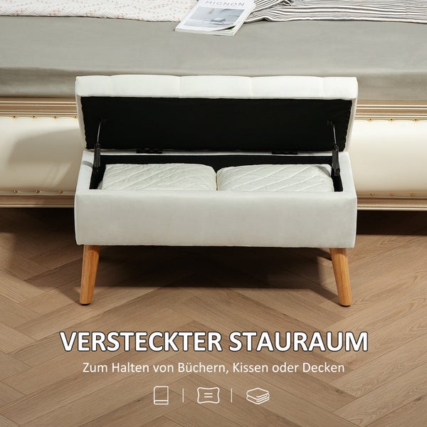 HOMCOM Sitzbank mit Stauraum, Polsterbank mit Deckel, Bettbank mit Samtoptik, für Flur Schlafzimmer Wohnzimmer, Gummiholz 80 x 35 x 40 cm Weiß