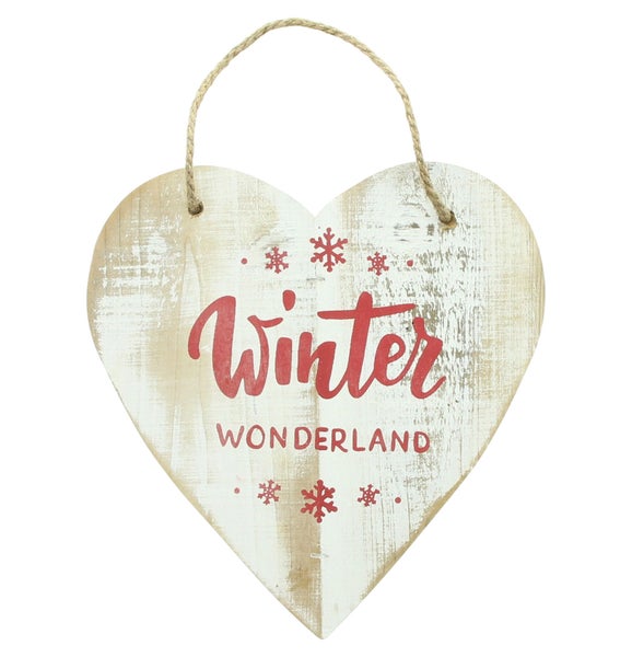 Dekoratives Herzschild aus Holz mit der Aufschrift Winter Wonderland und einer Kordel zum Aufhängen.