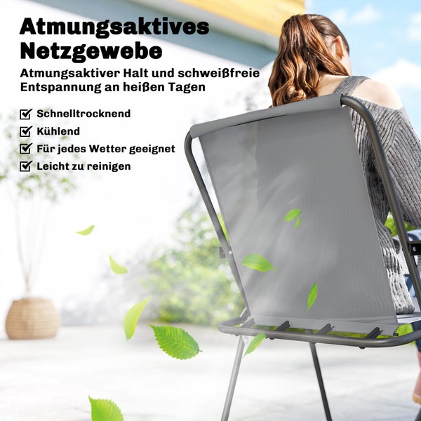Gartenstuhl mit atmungsaktivem Netzgewebe, schnelltrocknend, kühlend, wetterfest und leicht zu reinigen für den Außenbereich.