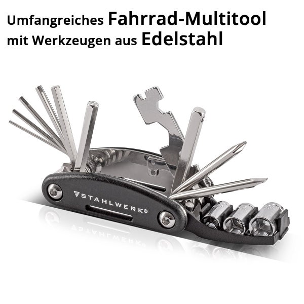 Stahlwerk Fahrrad-Multitool aus Edelstahl mit Inbusschlüsseln, Schraubendrehern und Steckschlüsseleinsätzen.
