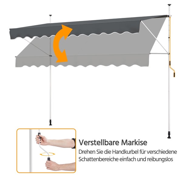 Graue Klemmmarkise mit verstellbarem Neigungswinkel durch Bedienung einer Handkurbel.
