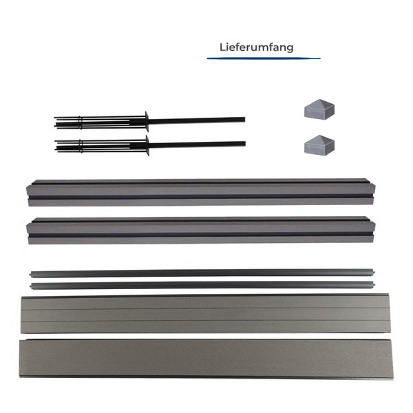 Lieferumfang eines WPC Zaunsystems mit Zaunriegeln, Zaunpfosten und Befestigungsmaterial