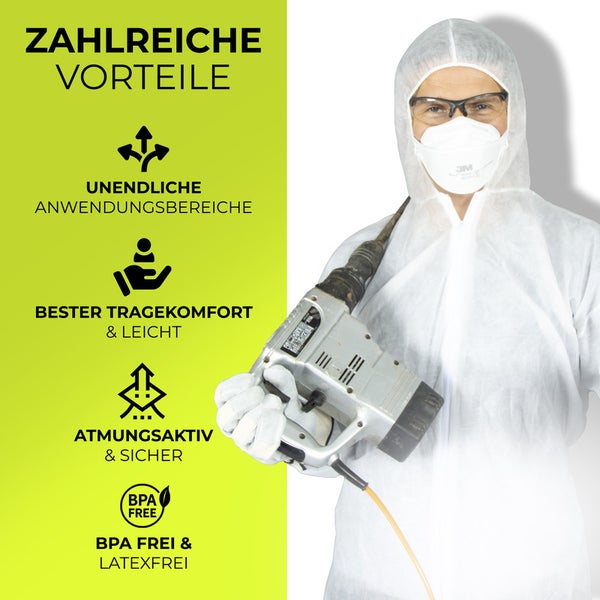 Paintbutler - 3x PP-Schutzanzug mit Kapuze - Maleranzug - Einweg - Overall zum Schutz vor Farbspritzern, Baustaub, Glaswolle, Schmutz - Weiß (XL)