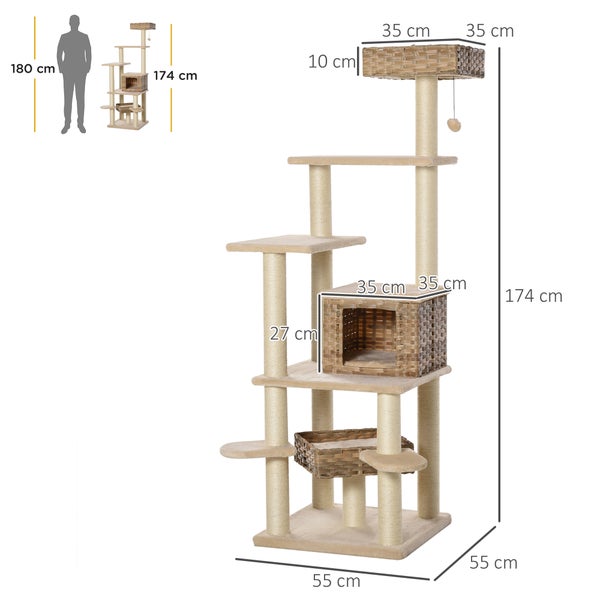 Katzenkratzbaum mit mehreren Ebenen, einer Katzenhöhle und Spielzeug, 174 Zentimeter hoch