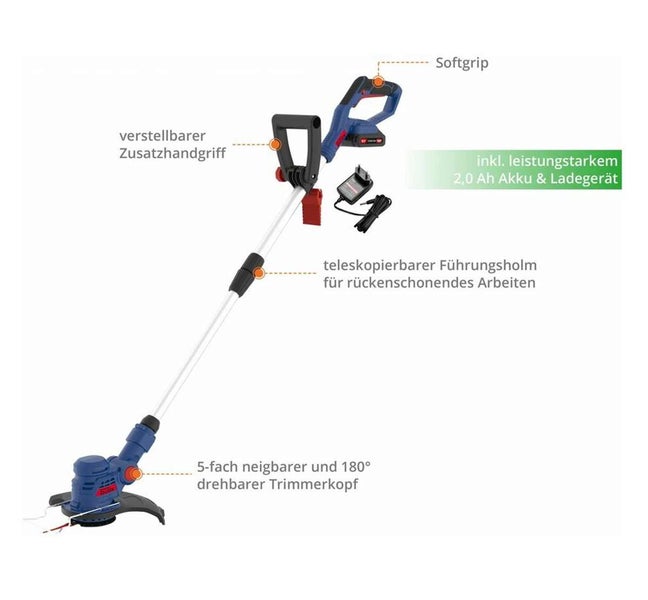 Akku-Rasentrimmer mit teleskopierbarem Holm, verstellbarem Zusatzhandgriff, um 180 Grad drehbarem Kopf, 2,0 Amperestunden Akku und Ladegerät.
