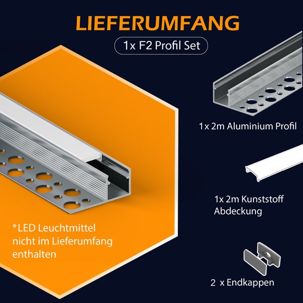 F2 LED Aluminium Profil Set bestehend aus einem zwei Meter Profil, Abdeckung und zwei Endkappen, Leuchtmittel nicht im Lieferumfang enthalten.