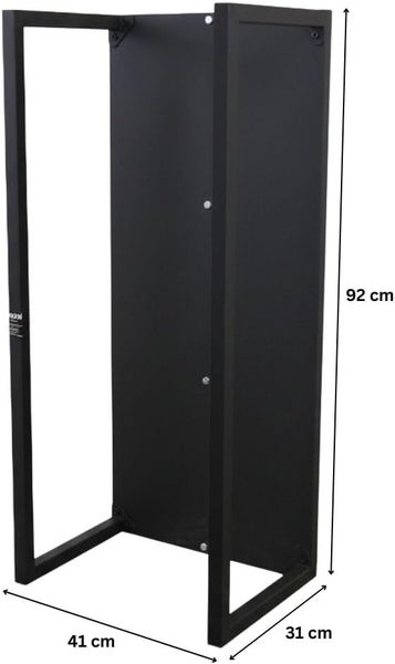 Schwarzes Metallregal mit den Maßen 92 cm Höhe, 41 cm Breite und 31 cm Tiefe.