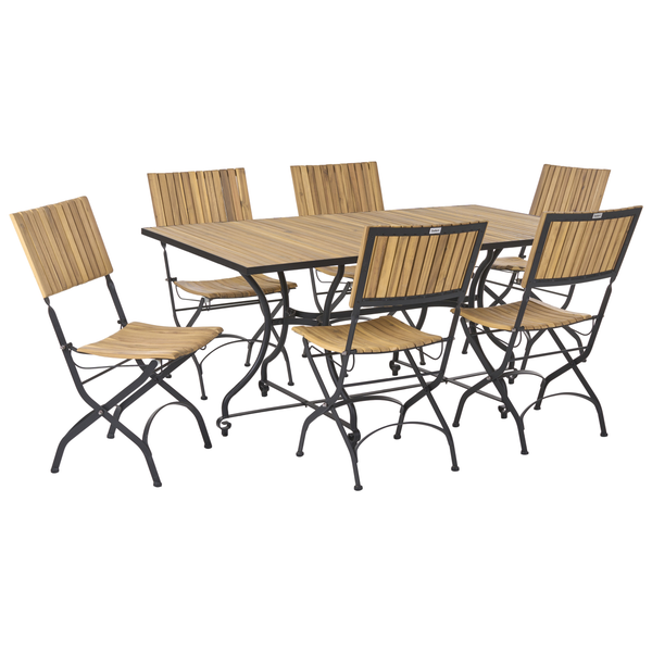 Gartenmöbel-Set bestehend aus einem rechteckigen Tisch und fünf klappbaren Stühlen aus Holzlatten mit dunklem Metallgestell.