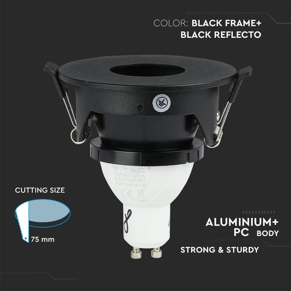 Einbaustrahler aus Aluminium und Polycarbonat mit GU10 LED Leuchtmittel, schwarzer Rahmen und Reflektor, Ausschnittmaß 75 Millimeter.