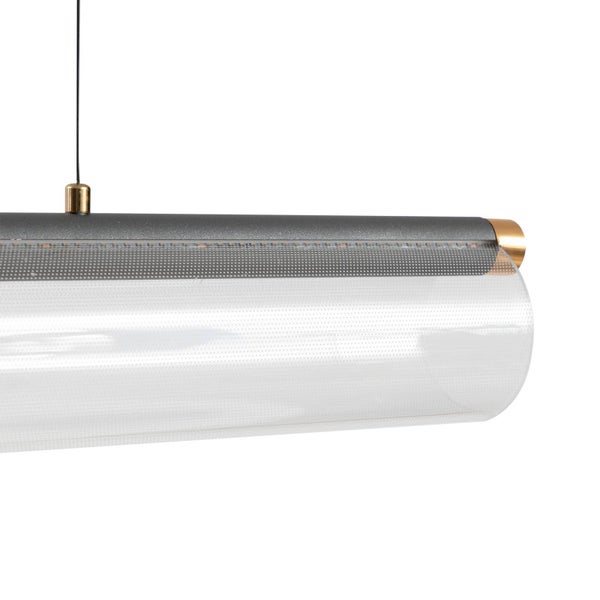 Detailaufnahme einer LED-Pendelleuchte mit anthrazitfarbenem Metallgehäuse, transparentem Schirm mit Punktmuster und goldfarbenen Akzenten.