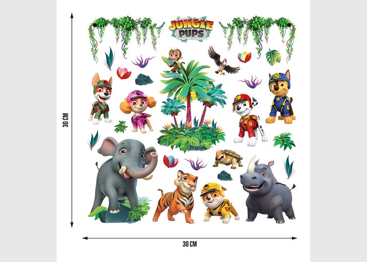 PAW Patrol Jungle Pups Wandsticker-Set, 30 mal 30 Zentimeter, mit verschiedenen Hunden und Dschungeltieren für das Kinderzimmer.