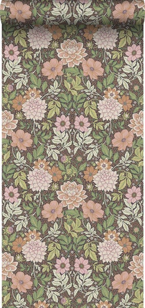 Borastapeter Tapete Blumenmuster im Jugendstil Grün und Hellrosa - 53 cm x 10.05 m - 660403