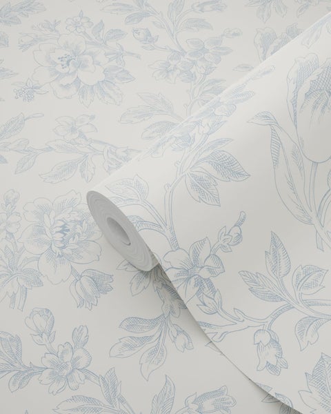 Tapetenrolle mit feinem floralen Linienmuster aus Blumen und Blättern.