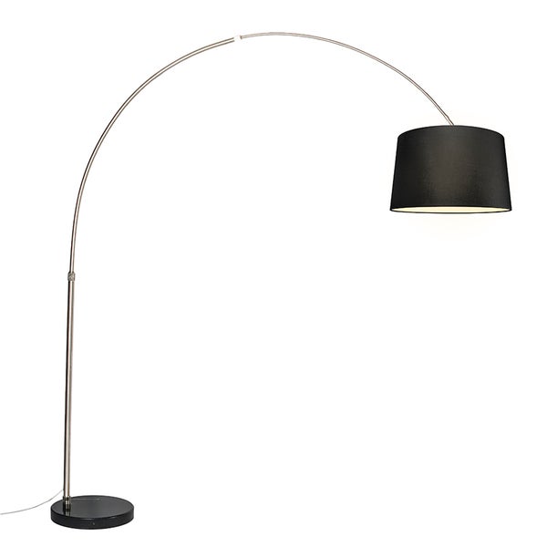 QAZQA - Modern Bogenlampe Stahl I Silber I nickel matt Stoffschirm schwarz 45 cm - XXL I Wohnzimmer - Stahl Länglich - LED geeignet E27