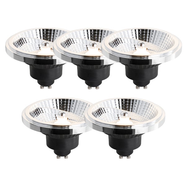 5er-Pack LED-Reflektorlampen mit GU10-Sockel, silbernem Reflektor und schwarzem Gehäuse.
