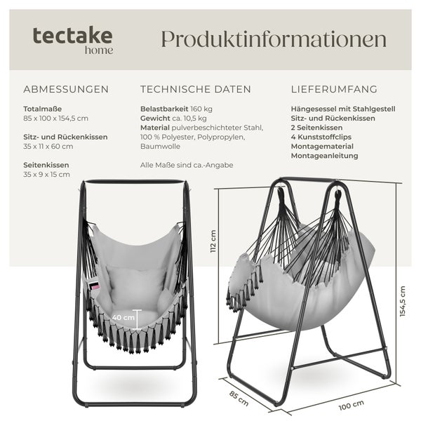Hängesessel tectake Alison 85 x 100 x 154,5 cm 3 extra dicke Kissen grau