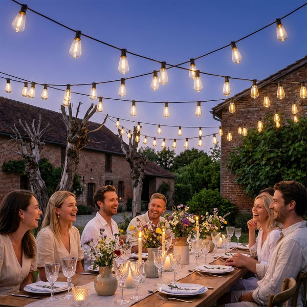 Eine Gruppe von Menschen sitzt an einer festlich gedeckten Tafel im Freien unter mehreren hängenden Lichterketten mit warmweißen LED-Glühbirnen.