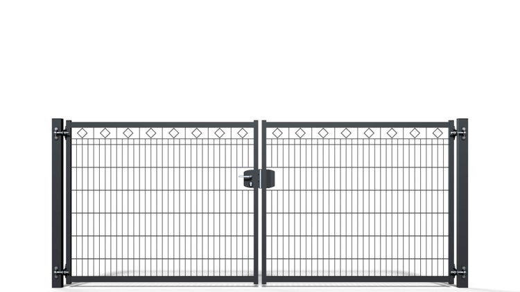 Gartentor ZAUNGURU BASIC-Line Berlin Raute aus Metall, Höhe: 143cm, Breite: 361cm, 2-flügelig inkl. Pfosten, Schloss und Zubehör, Feuerverzinkt und in RAL 7016 Anthrazitgrau pulverbeschichtet