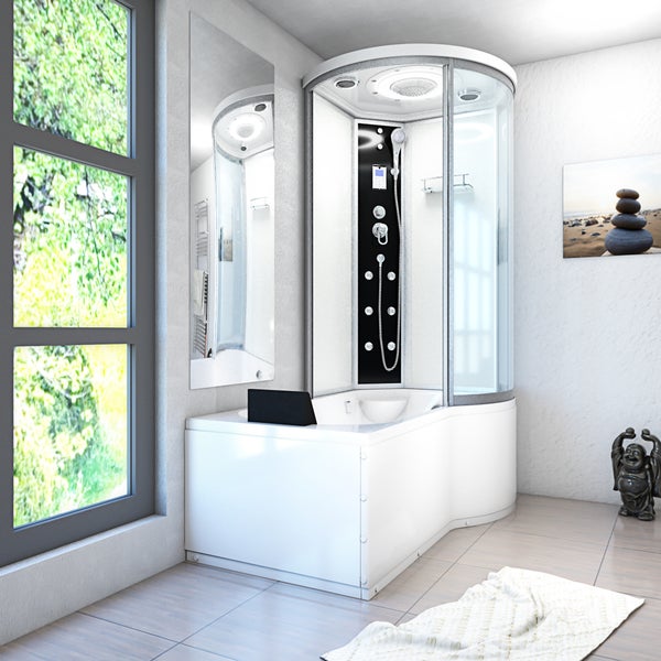 Komplettdusche mit integrierter Badewanne, Massagedüsen und Regendusche in einem modernen, hellen Badezimmer mit Fenster.