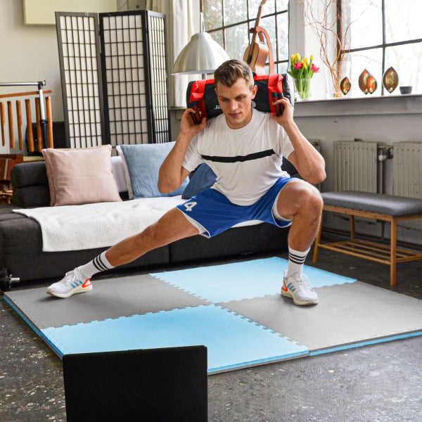 1.6qm Profi Fitnessmatte - 2er Set 90x90x2cm Bodenschutzmatte für Fitnessgeräte Grau Blau