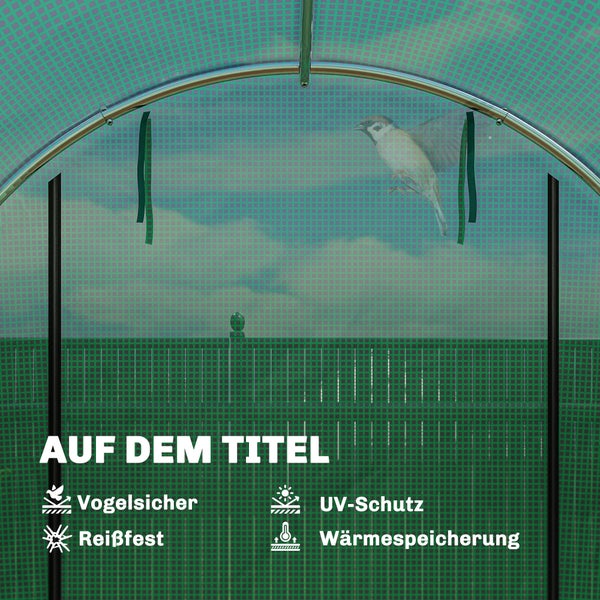 Gewächshausfolie mit Merkmalen wie Vogelschutz, UV-Schutz, Reißfestigkeit und Wärmespeicherung.