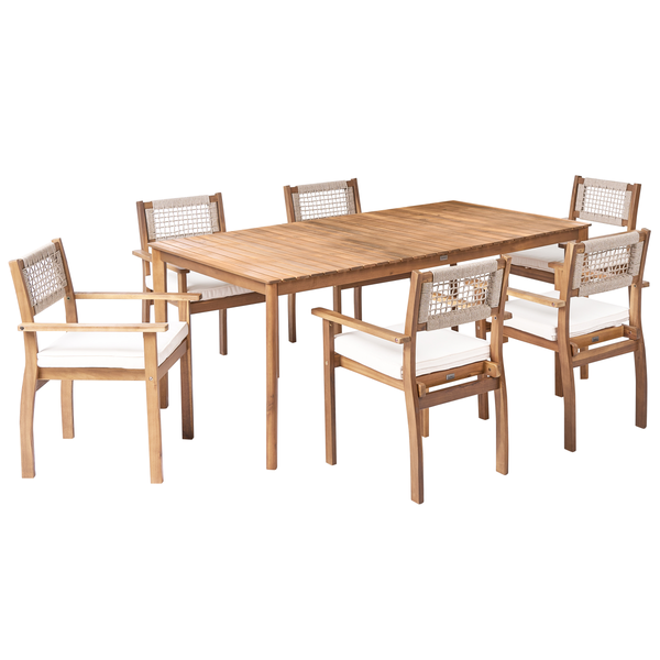 Gartenmöbelset mit Tisch und sechs Stühlen aus Holz mit Sitzkissen
