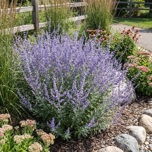 Blühende Blauraute im Gartenbeet mit violettblauen Blütenständen und silbrig-grünen Blättern neben Sonnenhut auf Rindenmulch.