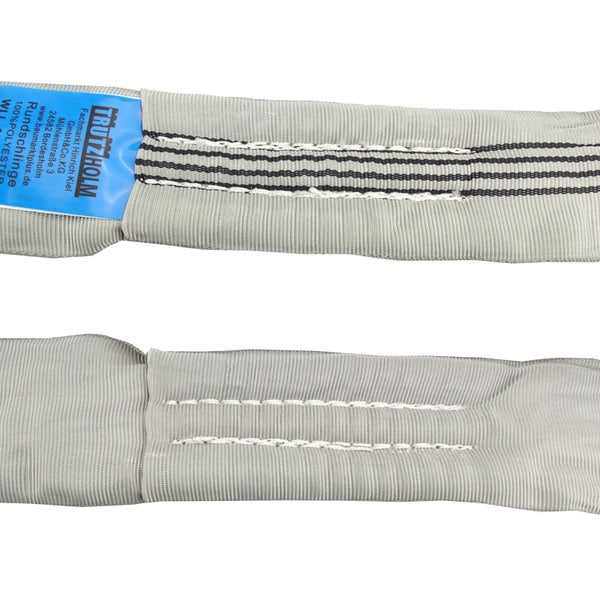 Trutzholm Rundschlinge aus Polyester mit blauem Etikett und schwarzen Kennstreifen.