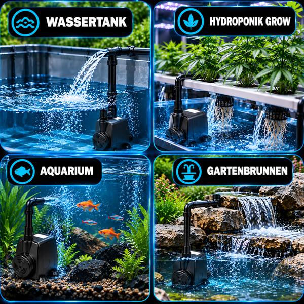 Vielseitige Tauchpumpe für Wassertank, Hydroponik, Aquarium und Gartenbrunnen mit Wasserlauf.