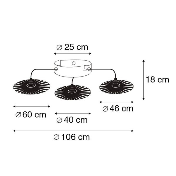 Technische Zeichnung einer Deckenleuchte mit drei Schirmen. Gesamtdurchmesser 106 Zentimeter, Höhe 18 Zentimeter. Schirmdurchmesser 60, 40 und 46 cm.
