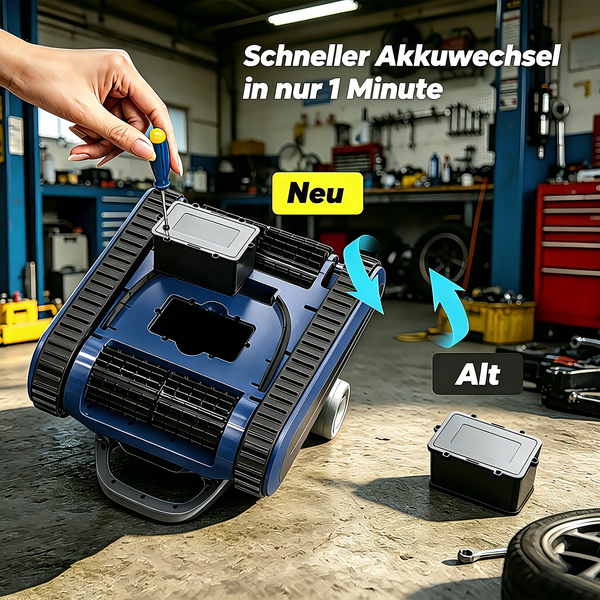 Poolroboter in einer Werkstatt beim Akkuwechsel mit einem Schraubendreher. Text beschreibt schnellen Batteriewechsel in einer Minute.
