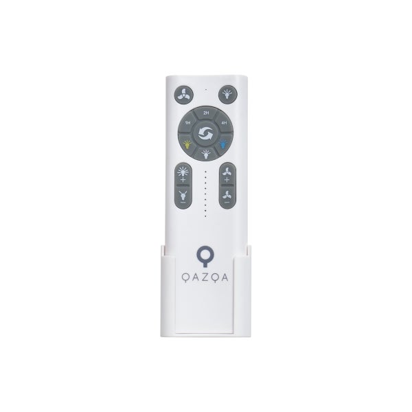 Weiße QAZQA Fernbedienung für Deckenventilatoren mit Licht, inklusive Wandhalterung, Timer-Funktion und Tasten für Geschwindigkeit und Helligkeit.