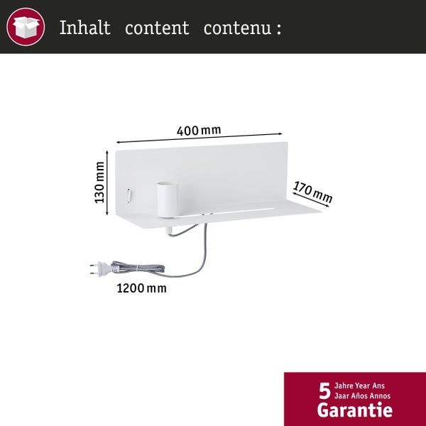 Moderne weiße Wandleuchte aus Metall mit Ablage, integrierter USB-Ladefunktion und Globe-Leuchtmittel an einer Betonwand.
