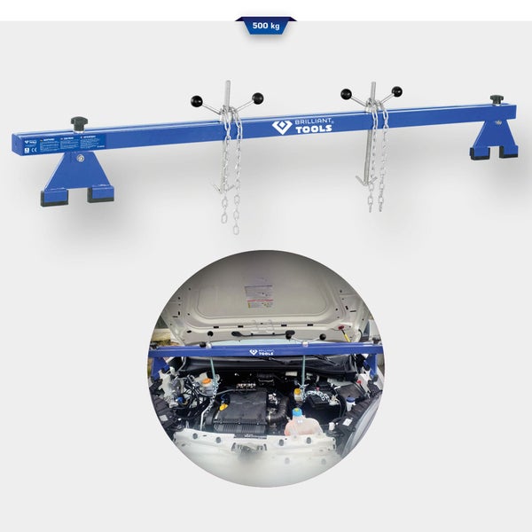 Blaue Motorbrücke von Brilliant Tools mit 500 Kilogramm Tragkraft, Brilliant Tools Logo, mit Kettenzügen, über einem Motorraum montiert.