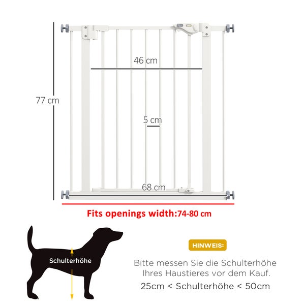 PawHut Türschutzgitter Hunde, Absperrgitter, 74-80 cm, Treppenschutzgitter für Haustier, Hundegitter inkl. verschiedene Verlängerungen, Schutzgitter ohne Bohren, Metall, Kunststoff, Weiß