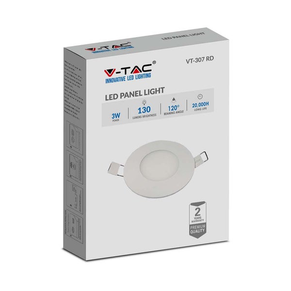 V-TAC VT-307RD-N - Runde LED-Mini-Panels - Premium-Serie - IP20 - Weiß - 3W - 130 Lumen -