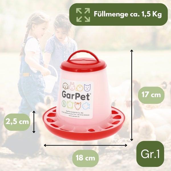 Kunststoff Futterspender für Geflügel von GarPet mit 1,5 Kilogramm Fassungsvermögen, Höhe 17 Zentimeter und Durchmesser 18 Zentimeter.