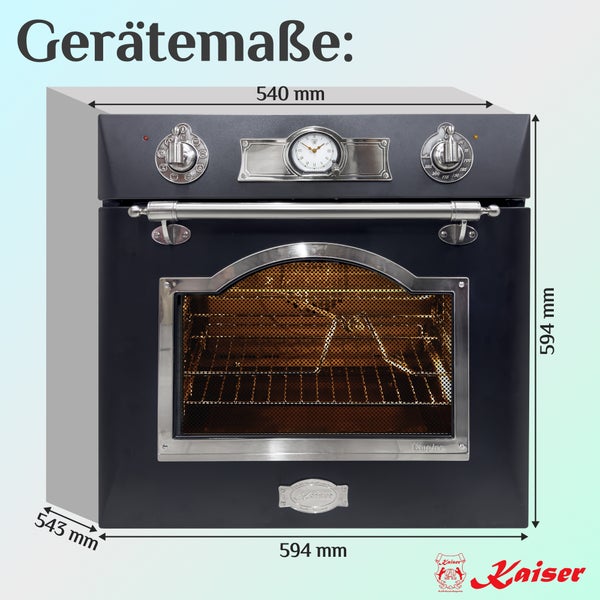 Kaiser Empire Backofen mit Maßangaben in Millimetern und Kaiser Logo.